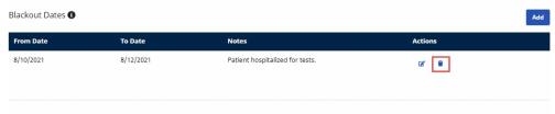 Partial image of the Authorization page showing the Blackout Dates section with sample data and the Delete icon (trash can) highlighted under Actions at right